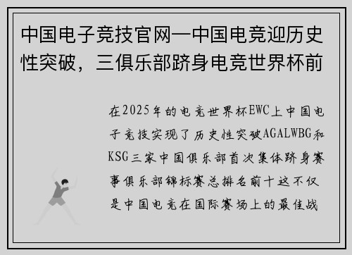 中国电子竞技官网—中国电竞迎历史性突破，三俱乐部跻身电竞世界杯前十
